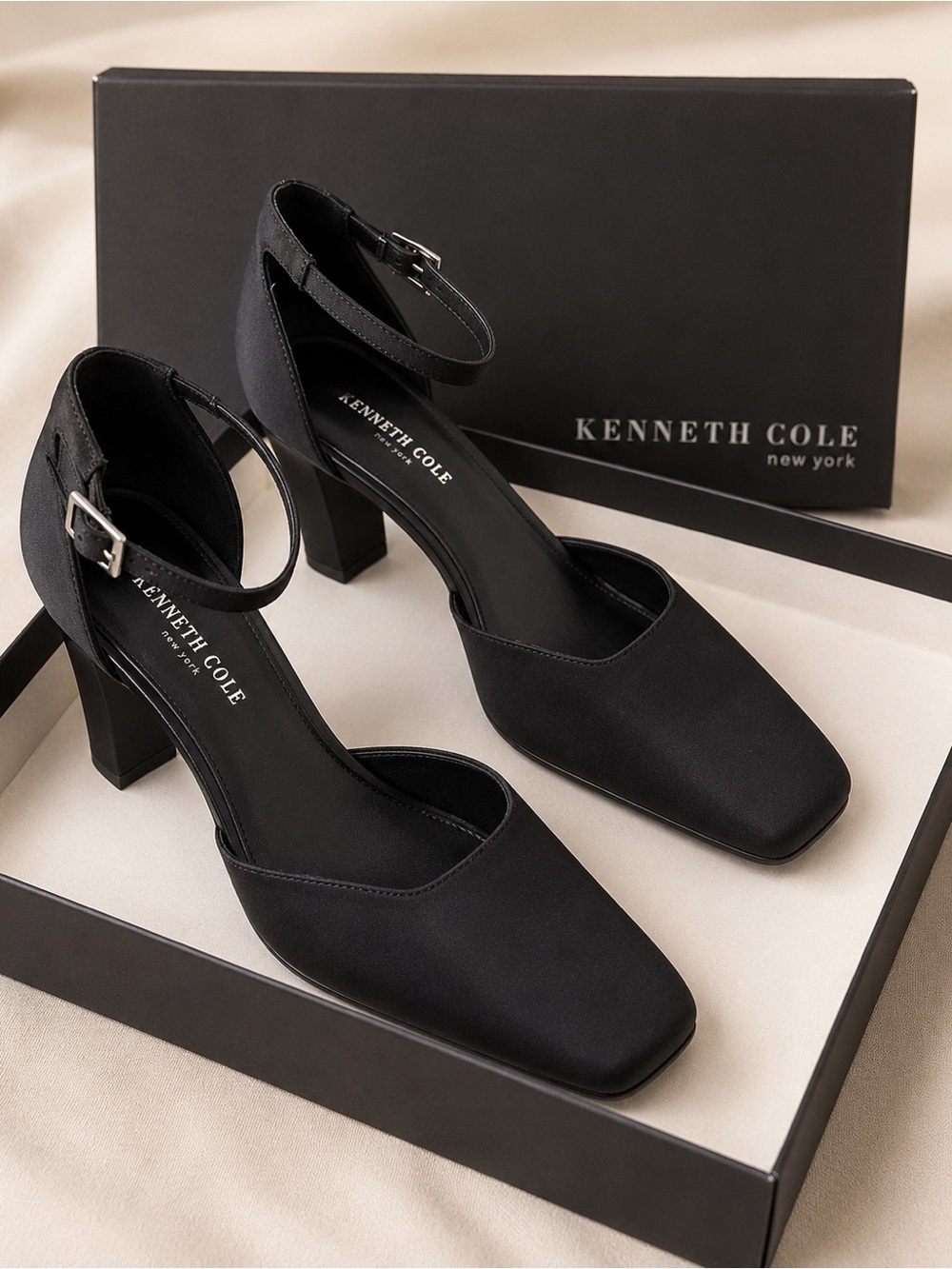 Kenneth Cole New York Black Satin Ankle Strap Heels Size 8